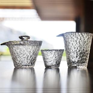 冰裂功夫茶具套装 日式 家用锤纹玻璃金边公道杯盖碗茶杯泡茶办公室