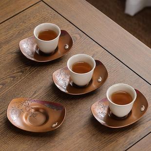 宝茶杯托家用茶道隔热铜杯垫 青花彤功夫茶具零配件紫铜镶银錾刻元