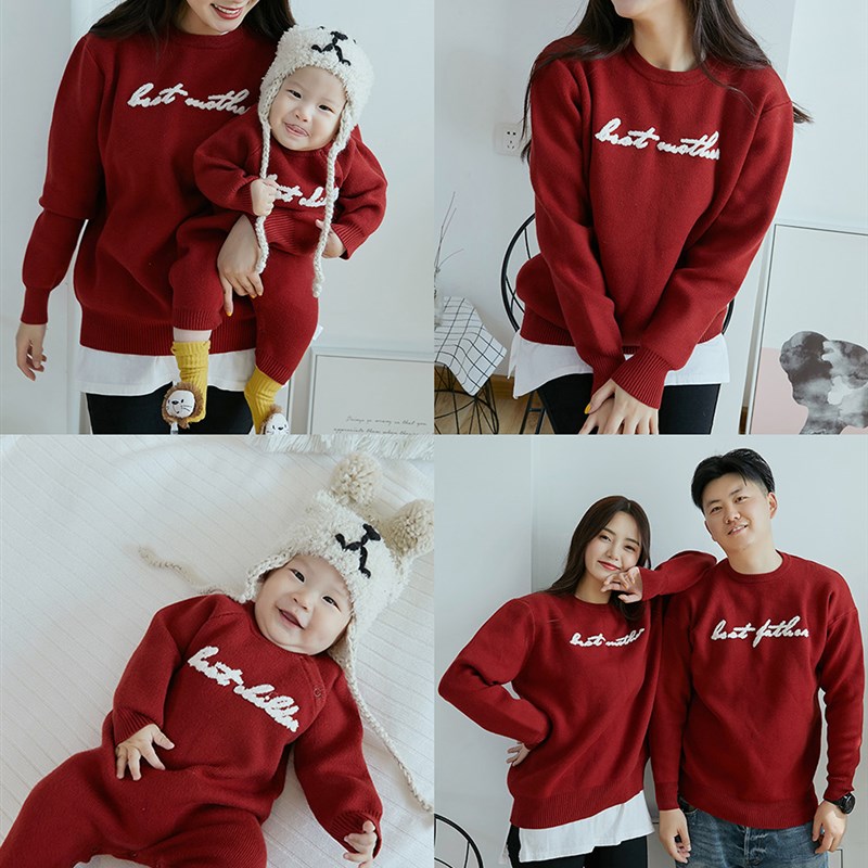 亲子装2023新款秋冬装潮一家三口母子母女洋气红色毛衣婴儿连体衣