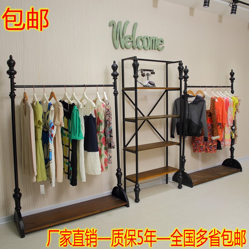 复古实木铁艺服装展示架落地靠墙侧挂衣架鞋包货架置物架中岛货架