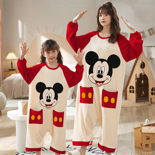 母女亲子装连体睡衣纯棉长袖春秋季防踢被女中大童卡通公主家居服