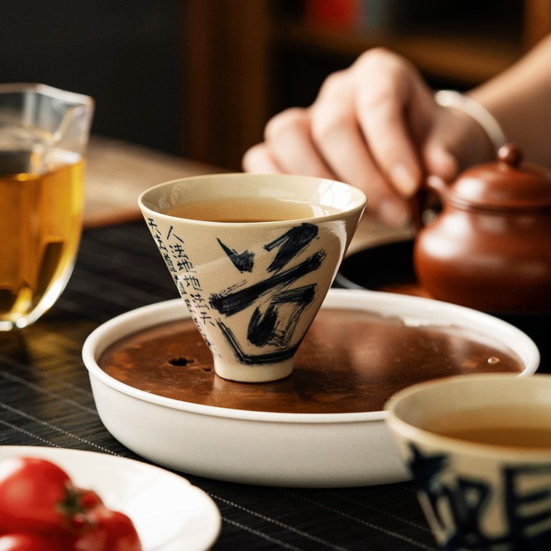 草木灰斗笠杯手绘茶杯个人专用主人杯单杯中式泡茶功夫茶具品茗杯