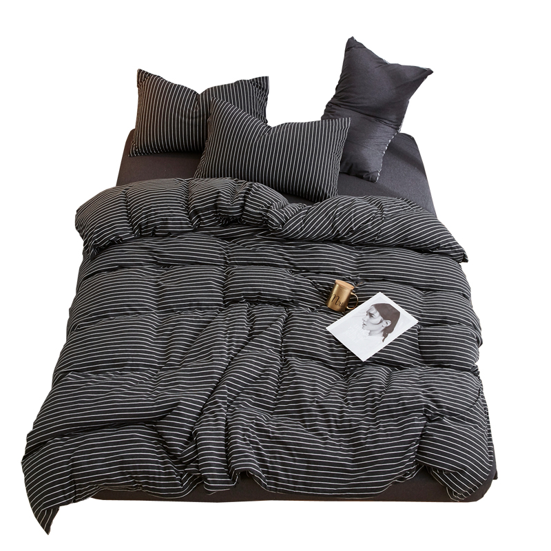 日式简约天竺棉四件套炭灰色条纹针织棉纯棉床笠床单被套床品套件