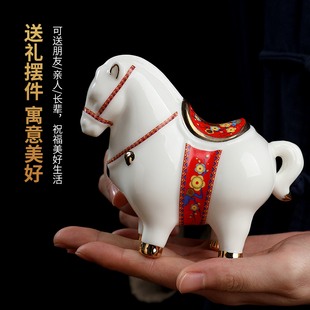 饰饰品小精致红色 办公室桌面唐马装 东方泥土 陶瓷马摆件工艺品马
