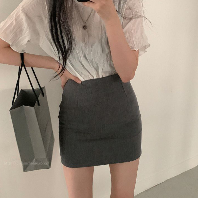 灰色西装包裙短款半身裙女夏薄款高腰a字紧身包臀一步裙ol职业黑
