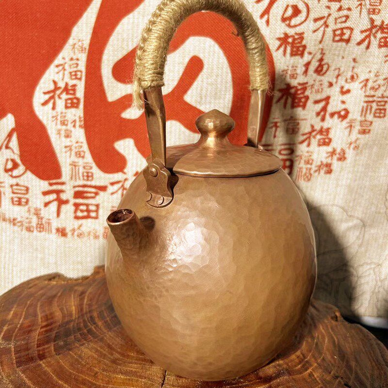 原色纯手工一张打煮茶水壶加厚紫铜1.3L电陶碳炉烧水龙蛋提梁铜壶