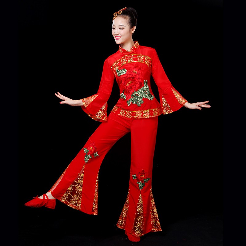 秧歌服演出服2021新款中国风扇子舞蹈服装民族腰鼓服广场舞套装女