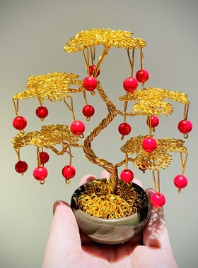 纯手工艺编制迷你发财树创意造型车载装饰摆件摇钱树桌面客厅招财