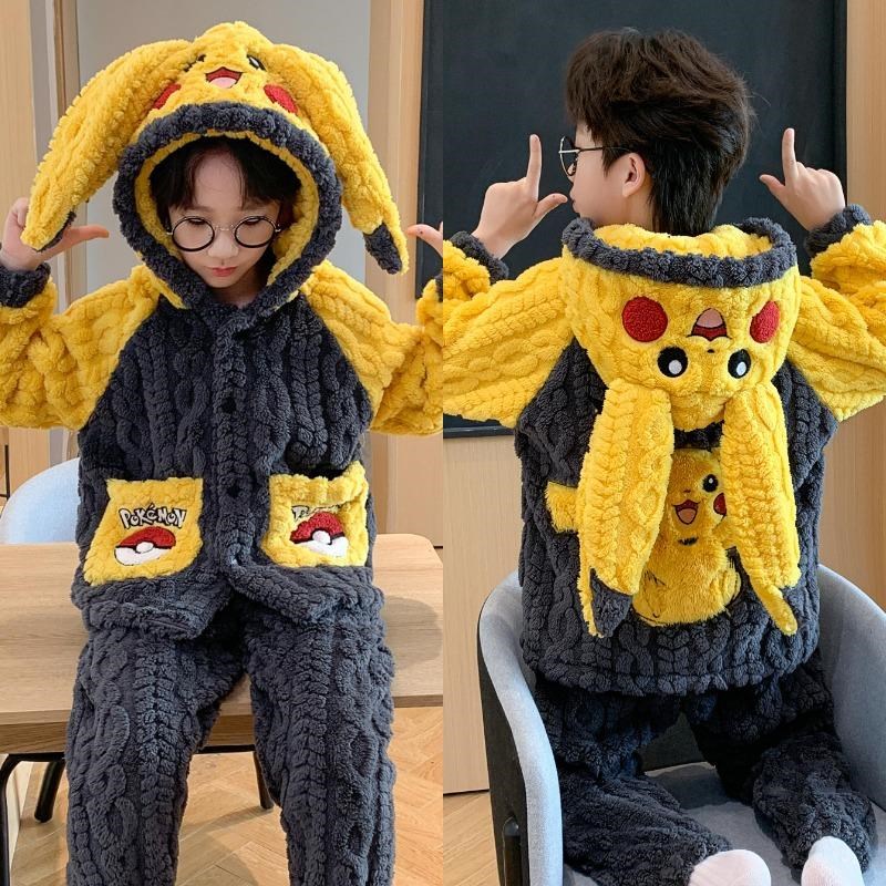 儿童睡衣男孩秋冬季2024新款珊瑚绒加厚款卡通比卡丘法兰绒家居服