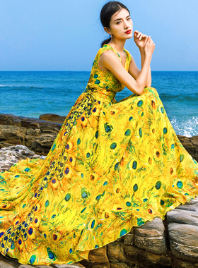 2021夏天新款V领黄色碎花雪纺连衣裙海边度假裙沙滩裙女长裙子仙