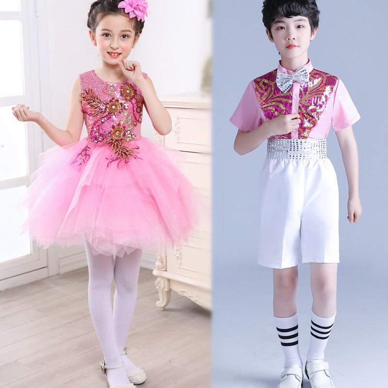 我们是祖国的花朵儿童演出服六一幼儿大班舞蹈服蓬蓬裙粉色合唱服