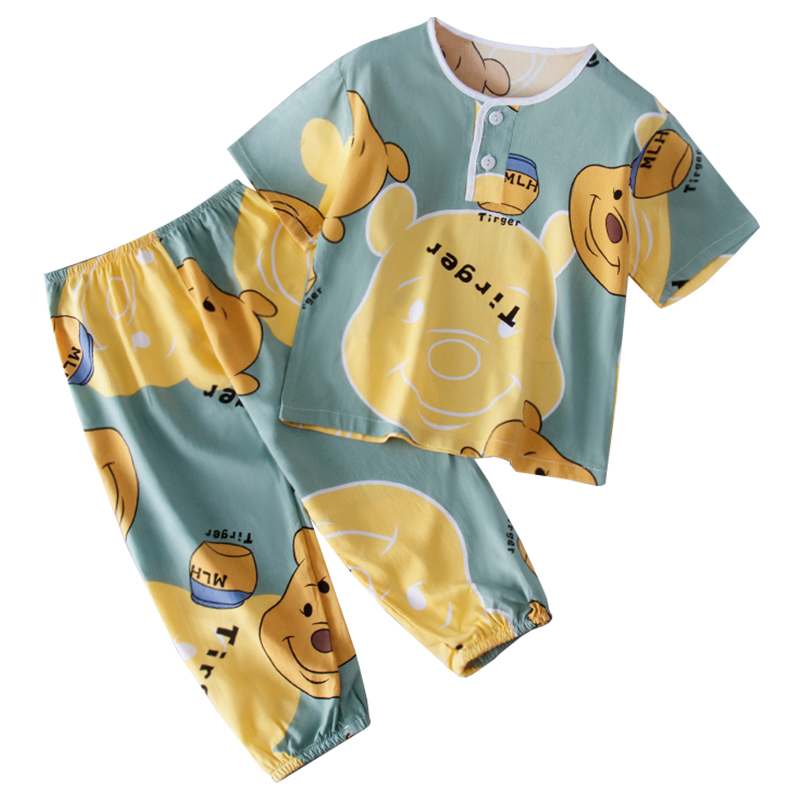 棉绸睡衣儿童夏季薄款绵绸女童家居服宝宝空调服男孩防蚊短袖套装
