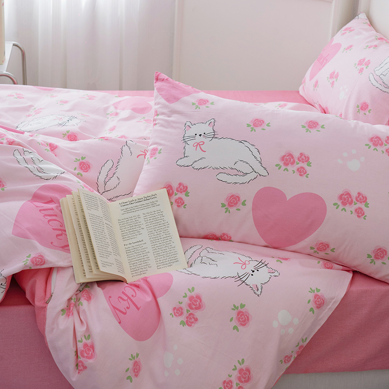 甜美粉色猫咪公主 纯棉被套单人1.5/2.0双人全棉斜纹被罩被单定做