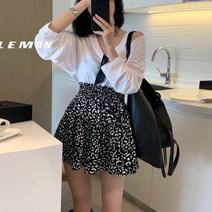 胖m百褶裙雪纺碎花短裙 新款 大码 半身裙女黑色豹纹a字裙子2024夏季