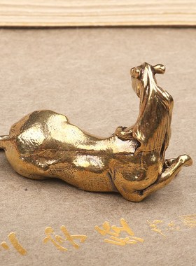 做旧旺财黄铜马卧马桌面生肖家居客厅茶台茶宠工艺品茶桌摆设摆件