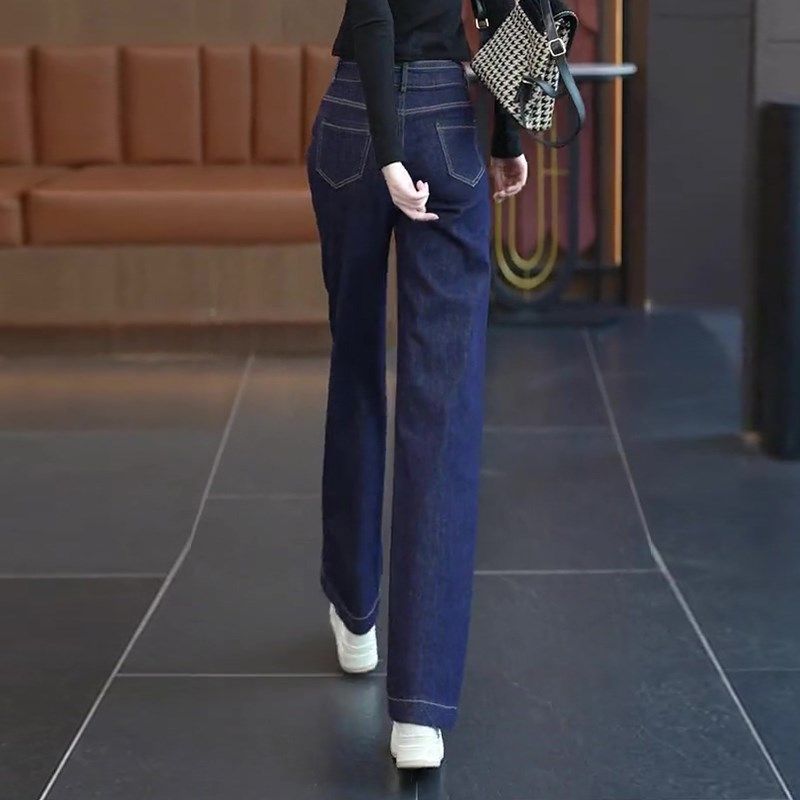 深蓝色加绒加厚窄版阔腿牛仔裤女冬季2024年新款高腰直筒女裤秋冬