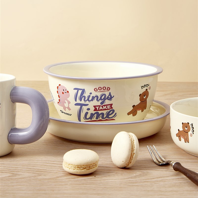 萌宠卡通陶瓷餐具家用高颜值儿童饭碗分格餐盘水杯把手碗盘套装
