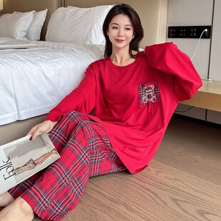 纯棉两件套红色本命年家居服200斤秋 女胖mm秋季 2024新款 睡衣大码