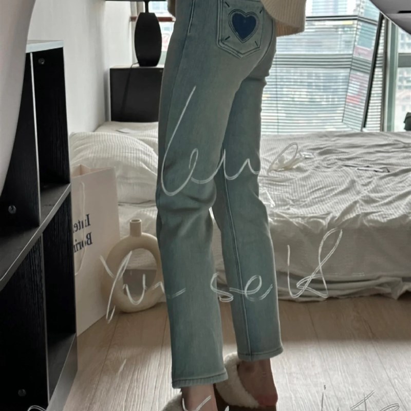 复古蓝直筒牛仔裤女春秋夏季胖妹妹mm梨形身材宽松显瘦弹力烟管裤