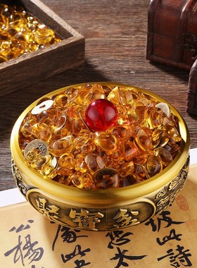 黄铜聚宝盆摆件水晶球元宝龙凤聚宝盆家用办公室桌面开业乔迁礼品