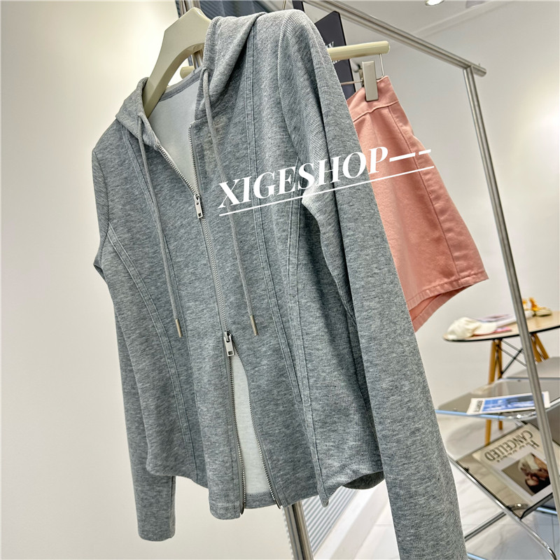 灰色鱼骨线双头拉链卫衣女春季2023新款修身显瘦休闲短款连帽上衣
