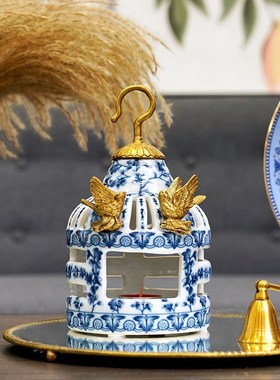 费灵家居青花陶瓷手工黄铜鸟笼造型家居装饰烛台摆件蜡台摆设出口