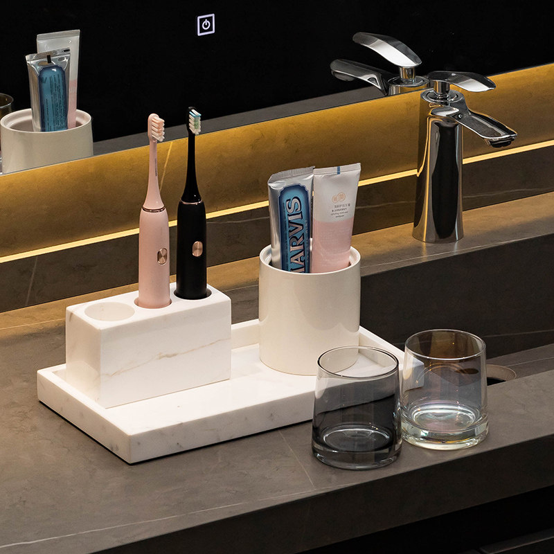 爵士白大理石牙刷牙膏架高级感电动牙刷置物双人牙刷牙杯收纳套装