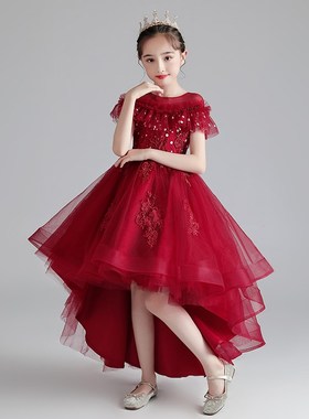 女童公主裙红色生日花童小女孩晚礼服儿童钢琴演奏比赛演出服夏季