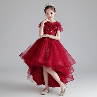 女童公主裙红色生日花童小女孩晚礼服儿童钢琴演奏比赛演出服夏季