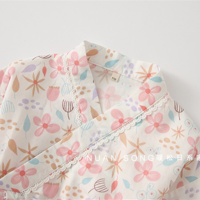 夏季女童和服睡衣纯棉纱布薄款可爱碎花女孩浴衣短袖短裤汗蒸服