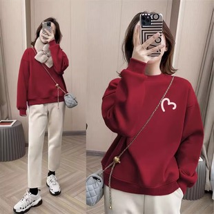 红色圆领纯棉卫衣女冬季加绒加厚2024新款本命年龙年衣服秋冬外套