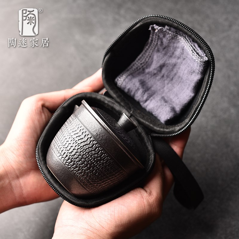 陶迷银黑快客杯旅行茶具一壶三杯手工跳刀浮雕手抓壶便携户外泡茶