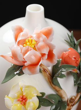 东方泥土《花开富贵》陶瓷手工花瓶摆件客厅卧室博古架柜台装饰品