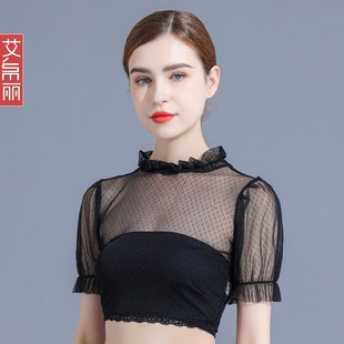 短款网纱打底衫女夏黑色短袖t恤吊带裙内搭薄纱透明紧身蕾丝上衣