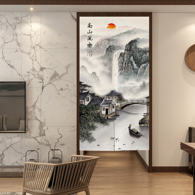 中式山水荷花长款玄关门帘卧室厨房隔断帘卫生间遮挡帘魔术贴挂帘