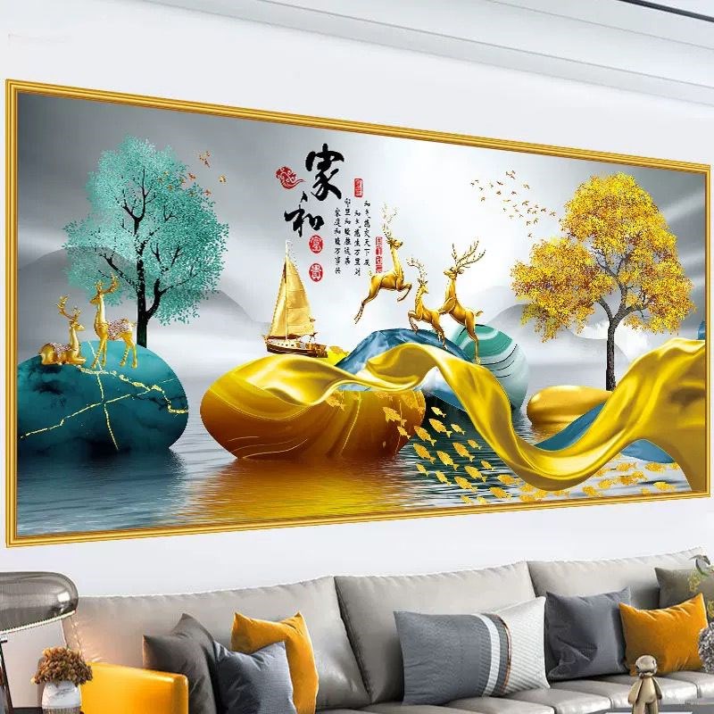 招财麋鹿客厅装饰画3d立体墙贴画自粘沙发背景墙餐桌山水壁画贴纸图片