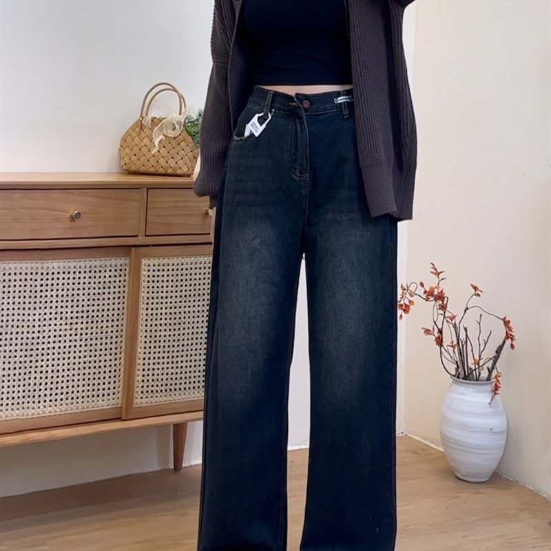 阔腿拖地牛仔裤女2023年秋季大码胖妹妹高腰宽松垂感百搭直筒长裤