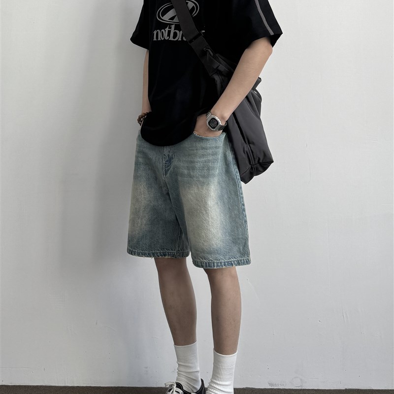 ONUN 复古水洗直筒牛仔短裤美式做旧基础百搭宽松硬挺休闲五分裤