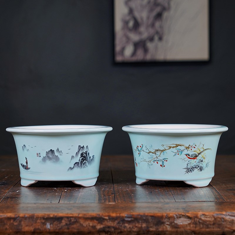 精品紫砂花盆圆形大口径水墨山水彩绘贴画创意绿植盆景盆陶瓷中式