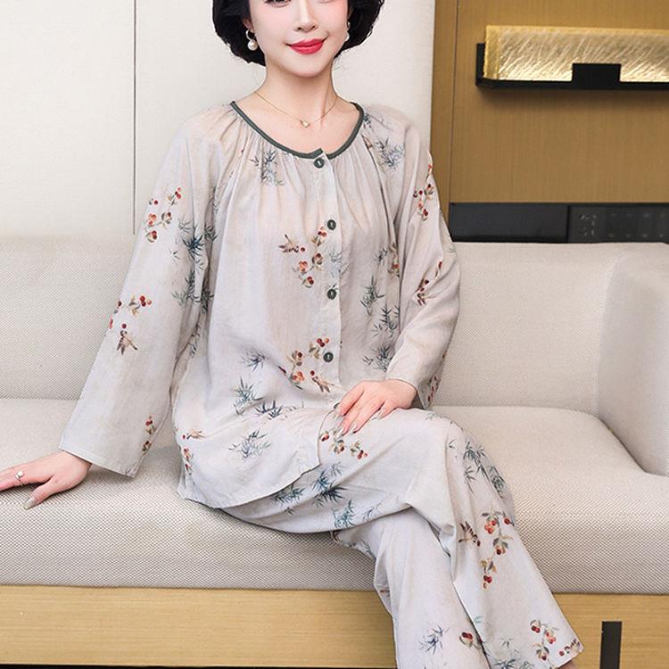 中老年睡衣女夏季开衫绸妈妈薄款女装韩版休闲绵绸家居服套装