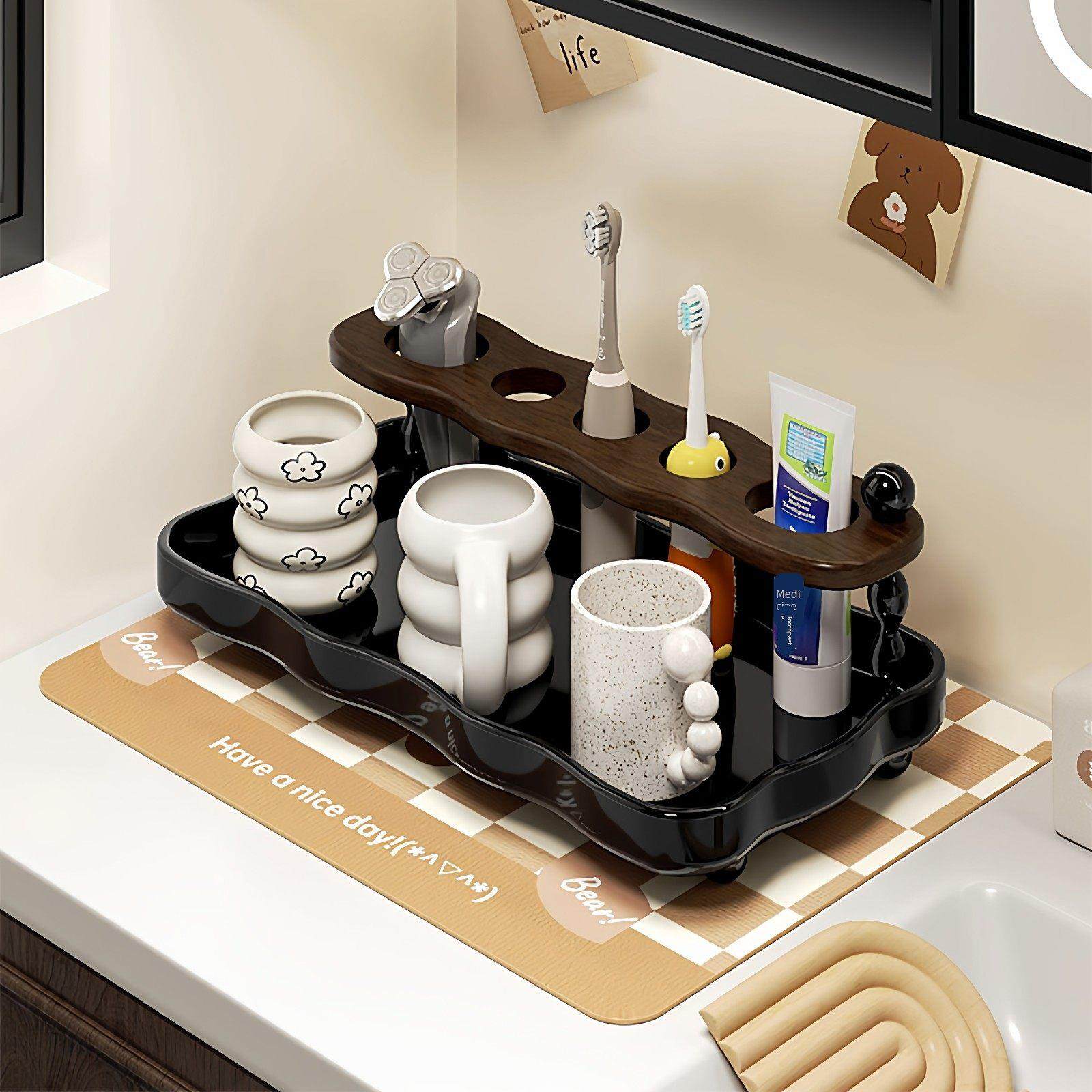 PNHAEH中古风陶瓷漱口杯牙刷置物架浴室洗漱台牙缸牙膏一体收纳架