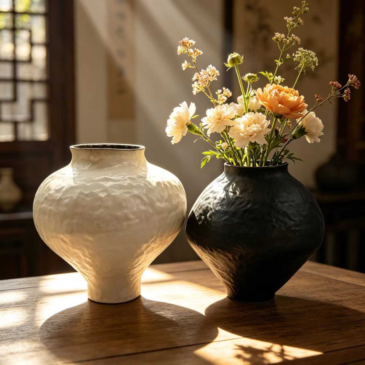 奶油风陶瓷中古风花瓶摆件客厅插花干花玄关中式复古花器粗陶罐