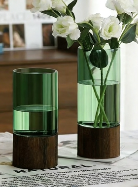 新中式木托玻璃花瓶新款绿色水培富贵竹雪柳插干花客厅装饰花器皿