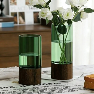 新中式木托玻璃花瓶新款绿色水培富贵竹雪柳插干花客厅装饰花器皿