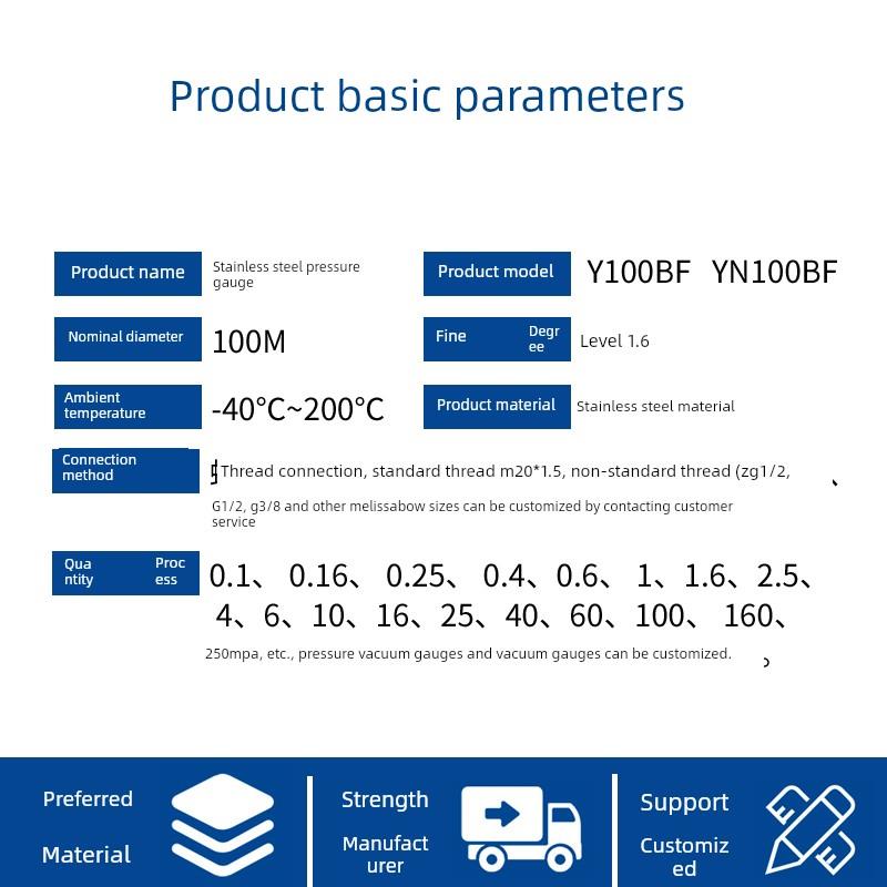 鹳山 不锈钢压力表Y100BF YN100BF不锈钢耐震压力表 高温 氨用