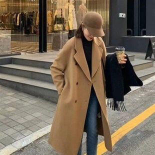 双面羊绒大衣女中长版 韩版 直通双排扣西装 毛呢外套 2023年秋冬季