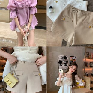 百搭裤 萌萌Ja 韩版 女夏白色休闲裤 子 复古金扣高腰卡其色女团短裤