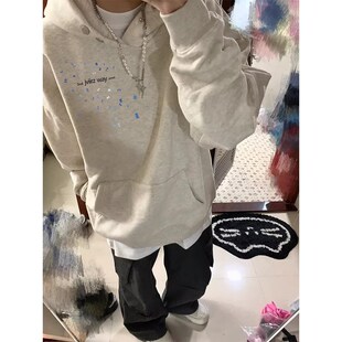 美式复古白灰色连帽卫衣女秋冬加绒宽松小众设计感渐变字母外套潮