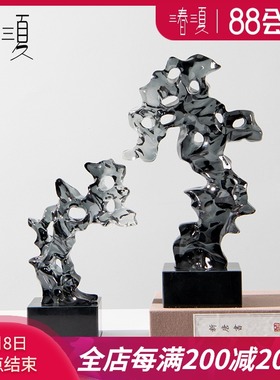 新中式透明石头珊j瑚太湖石摆件样板间书房博古架茶几书柜软装饰