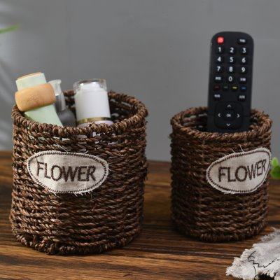 草藤编办公室复古笔桶桌面收纳盒创意时尚多功能艺术书房摆件笔筒